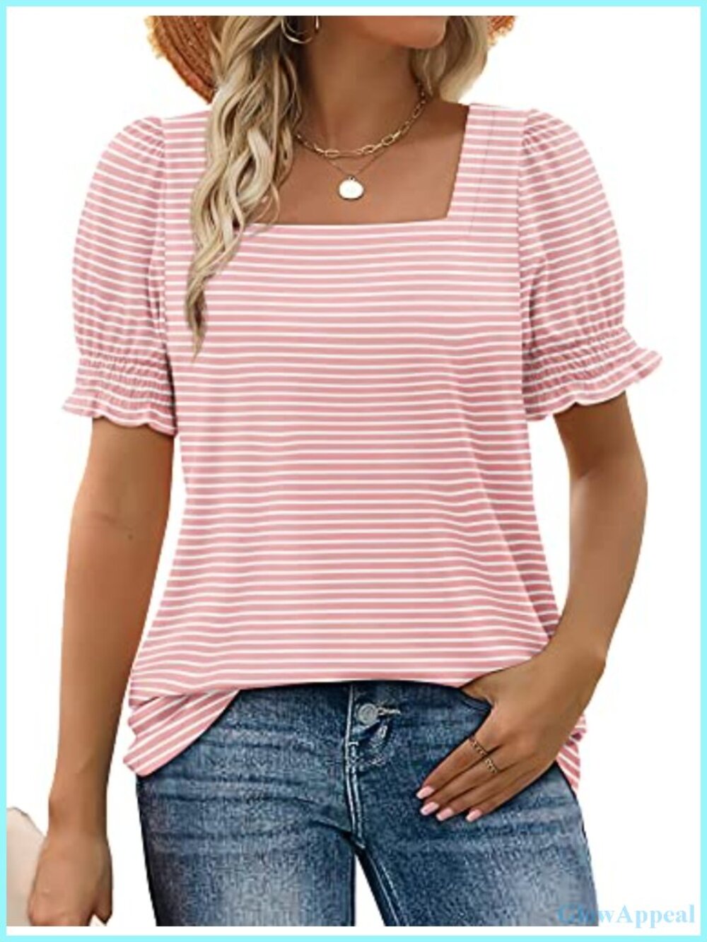 Women's Square Neck Ruffle Sleeve T-Shirt, Summer Casual Striped Tunic Top